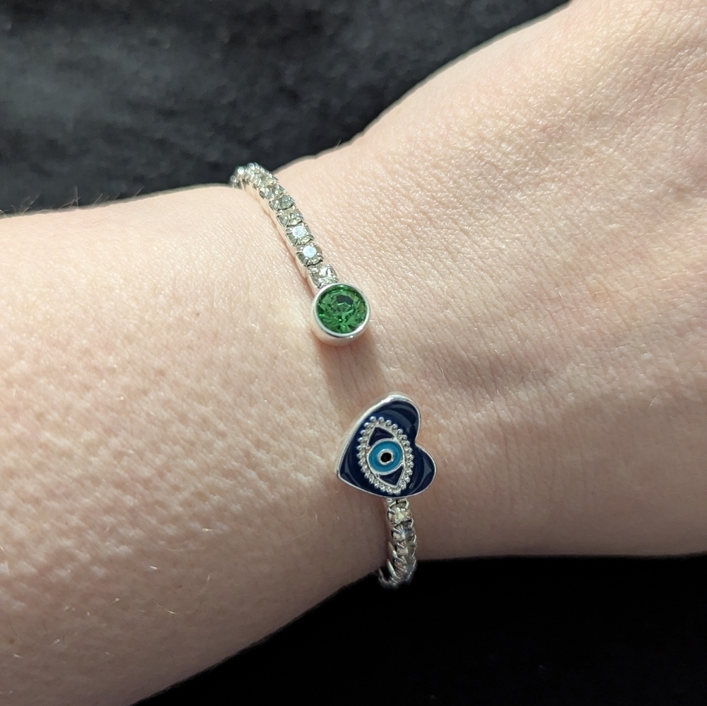 Silver Tone Clear Rhinestone Blue Evil Eye Flexible Cuff Statement Bracelet